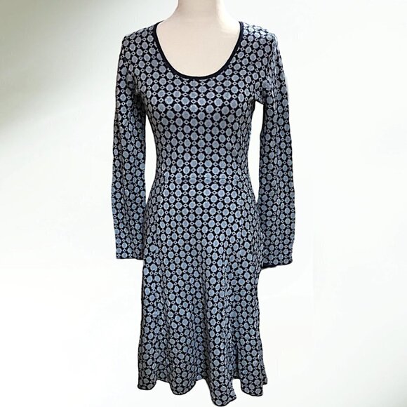 Boden Long Sleeve Knit Fit and Flare Dress Blue/Silver threading Size 4L